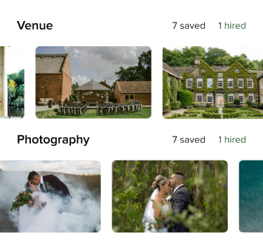 different wedding venues and photographers showing which ones have been hired or saved